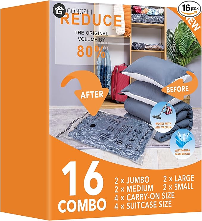 16 Pack Travel Vacuum Bags for Luggage, Carry-on Size Vacuum Seal Bags for Luggage and Suitcase Compression, Space Saver for Clothes and Clothing Organization