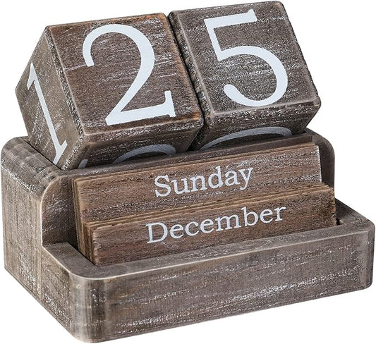 Wooden Block Calendar for Desk, Daily Desktop Perpetual Desk Calendar, Farmhouse Desk Accessories for Home Office Decor, Reusable Yearly, ‎‎Vintage Grey