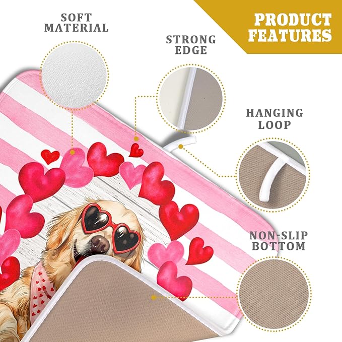 Valentine's Day Dog Dish Drying Mat for Kitchen Counter 16x18 inch Heart Rose Absorbent Dish Drainer Rack Mats for Coffee Bar Countertop