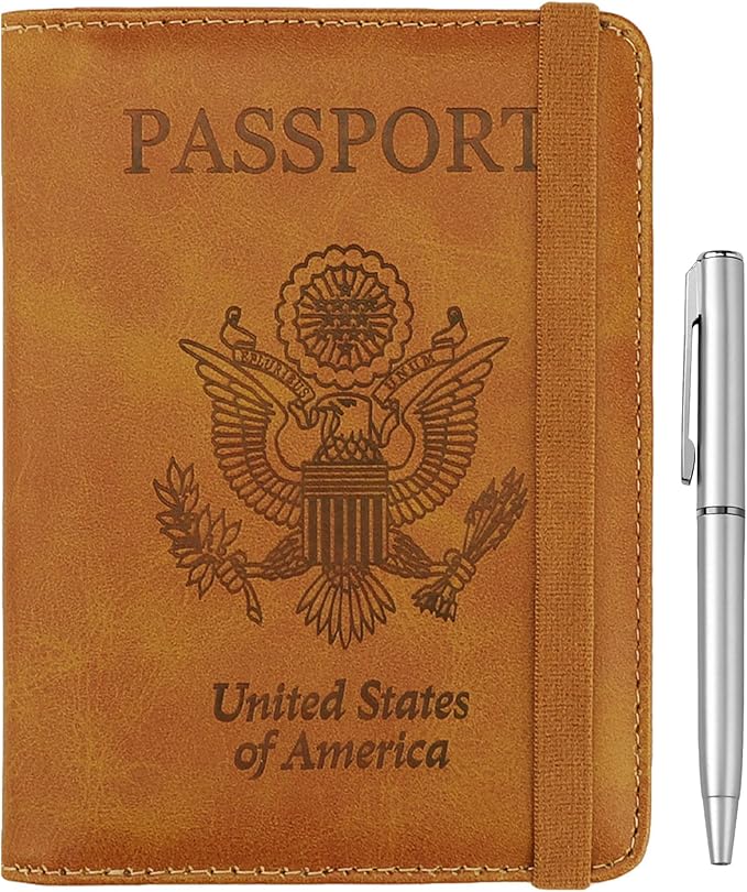 WALNEW Passport Holder for Travel, RFID Passport Cover Wallet for Women Men, PU Leather Passport Book Card Holder Case with Pen, Travelling Essentials for Flying