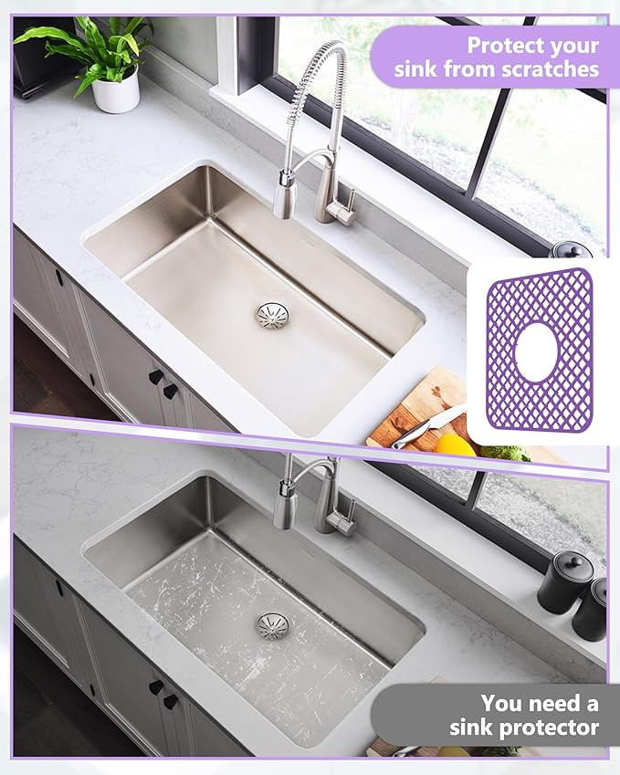 2 Pack Silicone Sink Protector for Kitchen Sink, Lozenge Pattern 13 x 11 inches Sink Grid Mat Silicone Protectors, Center Drain, Purple