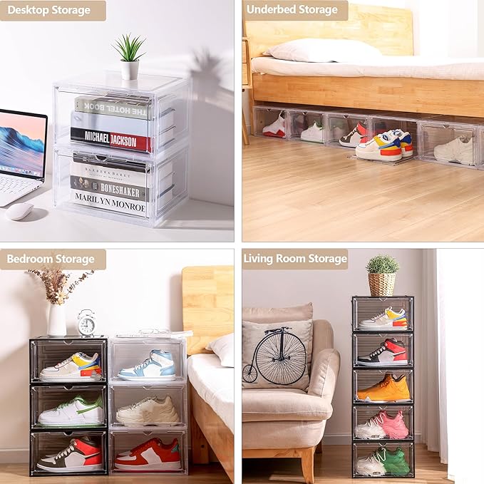 Attelite Shoe Box, Upgraded Large Clear Shoe Storage Box Stackable, 8 Pack Thicken Plastic Shoe Containers, Drop Front Large Magnetic Door, Shoe Storage Organizer for Display Sneakers