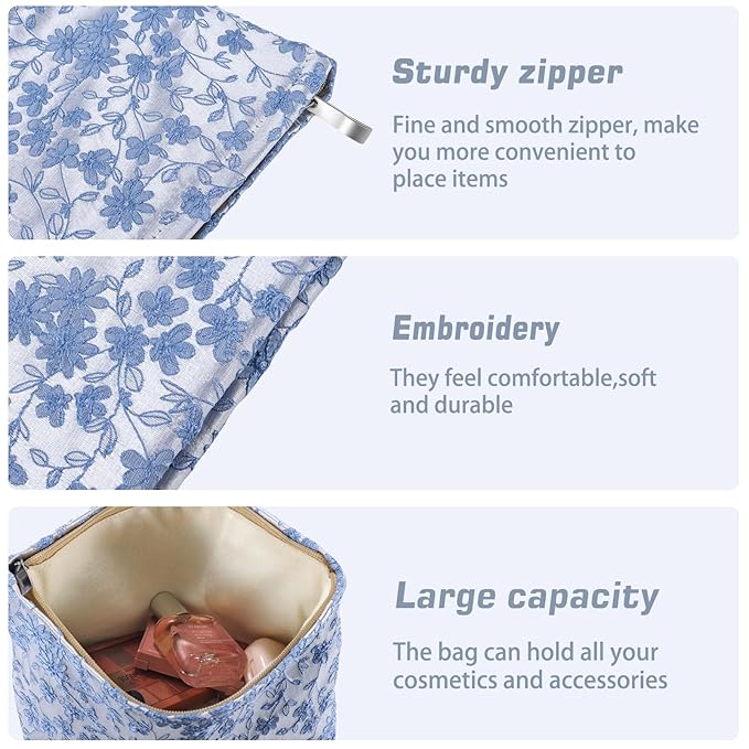 ZLFSRQ Daisy Flower Makeup Bag Travel Floral Cute Cosmetic Bags for Women Large Toiletry Pouch Zipper Cosmetic Pouch for Purse Aesthetic Embroidery Blue Makeup Organizer Bag Portable Toiletry Bags