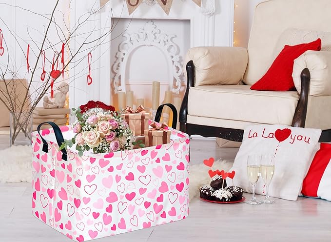 MAIZMZ Girls Gift Basket Heart Print Storage Cube for Women, Closet Shelf Organizer Bins Empty Gift Basket with Handles Nursery hamper Kids Toys Books Box Room Decor