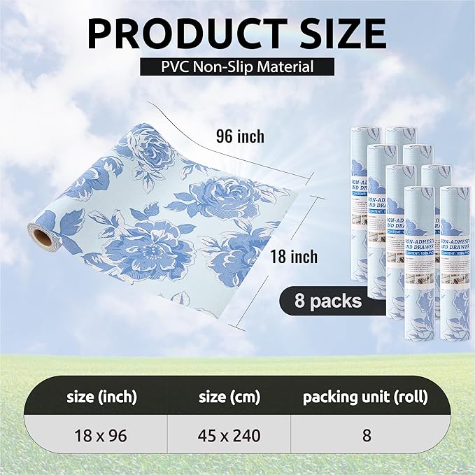 FIFTY FEET 18X96 Inch Shelf Liner for Kitchen Cabinets, PVC Drawer Liner for Dresser Non-Slip Bathroom, Non-Adhesive Cabinet Liner Washable (Blue Flower)(8 Roll)