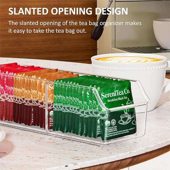 Tea Bag Organizer, Tea Bag Holder Box Storage Bin, Clear Tea Packet Plastic Drawer, Sugar Packet, Coffee, Condiment, Spice Bag Holder for Kitchen Cabinet, Countertop, Fridge