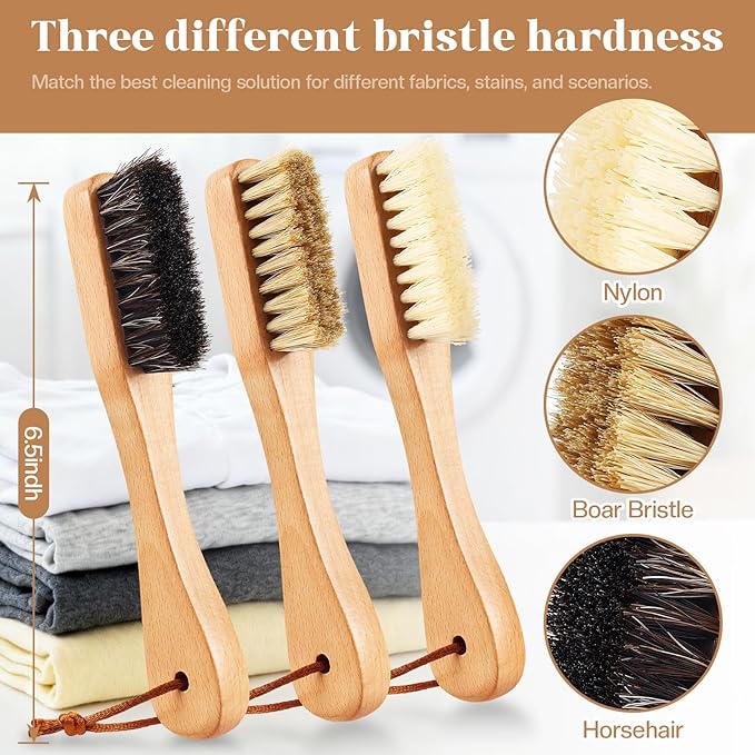 3 Pcs Wooden Laundry Stain Brush Stain Remover Dauber Brushes with Square Head Boar Bristle Small Stain Brush for Clothes for Scrubbing Stains from Furniture Fabric Leather(Style B)