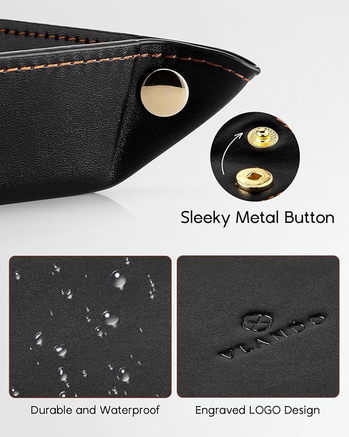 Vlando Valet Tray for Men Women, Nightstand Organizer Vanity Catchall Holder for Dresser Desk Storage Bedside, Travel PU Leather Jewelry Key Bowl Coin Watches and Candy Entryway Tray - Large, Black