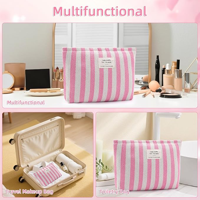 ZLFSRQ Striped Makeup Bag Large Canvas Makeup Bag for Women Pink Cosmetic Pouch for Purse Cute Striped Pencil Pouch Y2k Aesthetic Trendy Zippered Travel Toiletry Bags Gift Skincare Storage Organizer