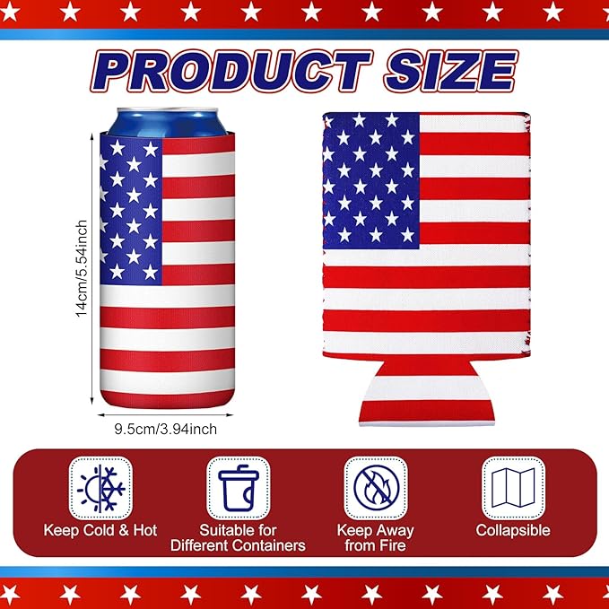 Yungyan 12 Pcs 4th of July American Can Cooler Patriotic Sleeves 250th Anniversary for 1776-2026 Independence Day Red Blue USA Flag Accessories Memorial Day for Party Favors Decoration(Fashion Style)