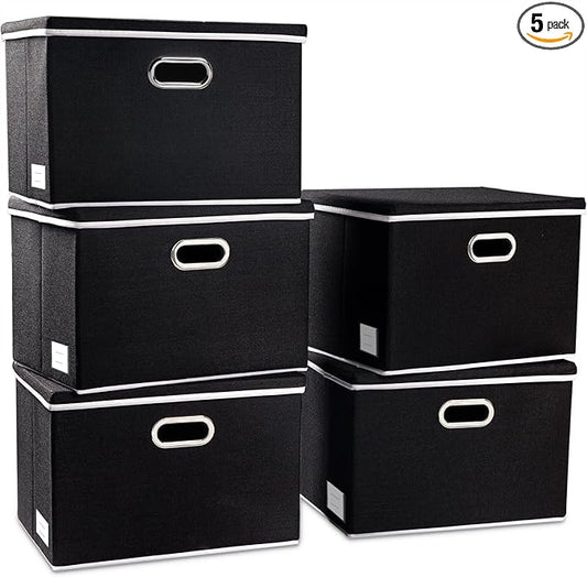 PRANDOM Large Foldable Storage Boxes with Lids [5-Pack] Organizer Containers Baskets Cube with Cover for Home Bedroom Closet Office Black 17.7x11.8x11.8 For Boys and Girls Aged 6+