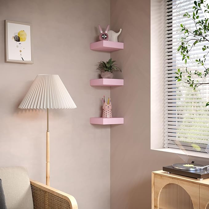 Small Pink Floating Shelves for Wall - 6 Inch Mini Square Shelves for Bedroom, Living Room, Bathroom, Kitchen, Office Decor Set of 3