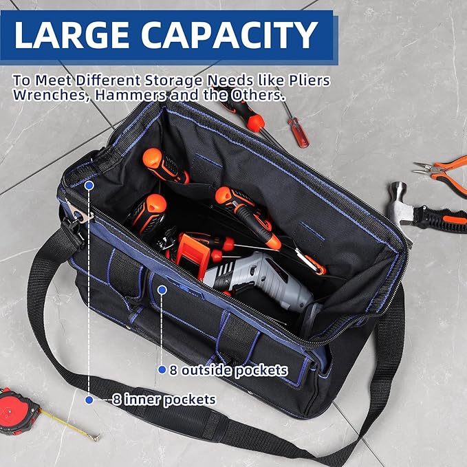 Tool Bag 16'', Multi-pocket Tool Organizer with Waterproof Plastic Base, Heavy Duty Tote with Shoulder Strap for Tool Storage, Black & Blue