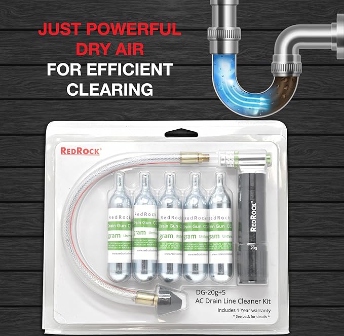 RedRock Gallo Drain Gun AC Drain Line Cleaner Tool, HVAC Air Conditioner Condensate Blaster Cleaning Kit with Flexible Hose Pipe, Includes 5 Unthreaded CO2 Cartridges, 20 Grams