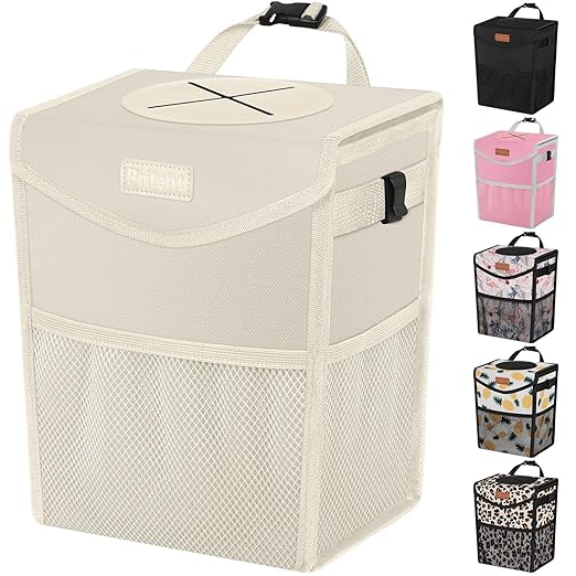 Car Trash Can with Lid, Cute Leakproof Car Trash Garbage Bag Hanging Vehicle Trash Bin Small Portable Automotive Garbage Cans Organizer for Back/Front Seat(4 Gallons,Beige)