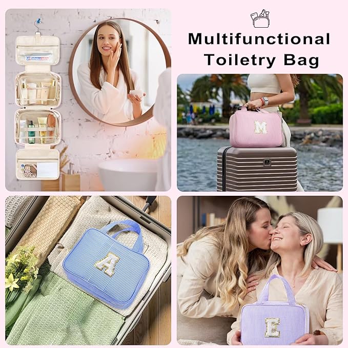 TOPEAST Gifts for Friends - Friendship Gifts for Women, Travel Toiletry Bag for Women, Hanging Toiletry Bag, Monogrammed Initial Toiletry Pouch Makeup Bag - Letter F, Blue