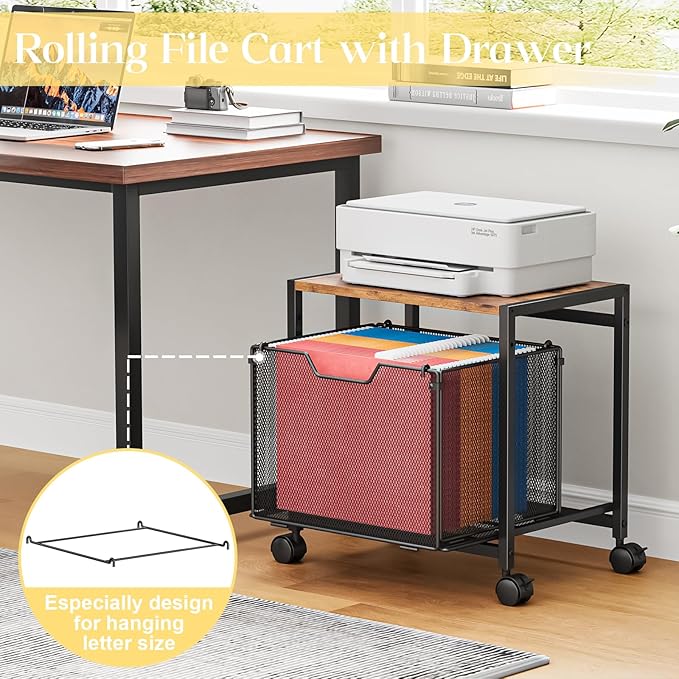 JKsmart Printer Stand with Sliding Drawer, Under Desk File Cabinet with Caster Wheels,Rolling File Cart, 2 Tier Industrial Storage Shelf, Sofa Side Table Organizer for Home, Office, Brown
