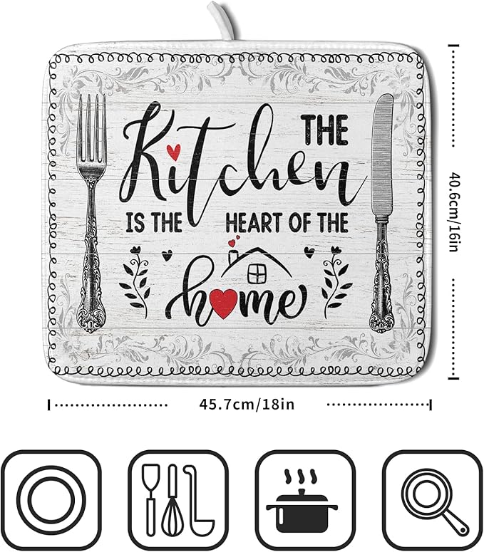 White Kitchen Dish Drying Mat 16x18 Inch Knife Fork Dish Drainer Rack Mats Microfiber Absorbent Protector for Kitchen Countertop Decor
