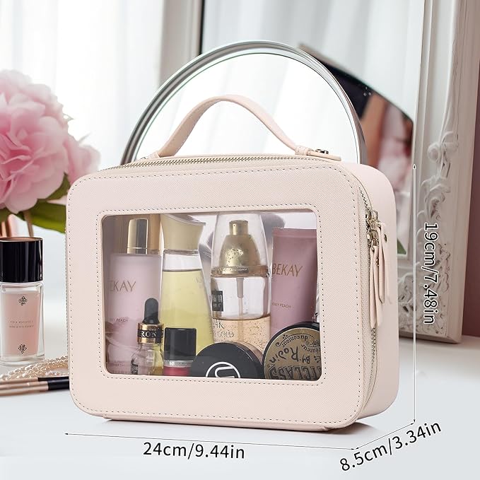 Pinkmik Clear Makeup Bag with Brush Bag Portable Cosmetic Bag Case Travel Toiletry Bag Car Essential for Women (Beige, L+SLIM)