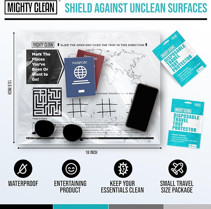 15 Disposable Travel Tray Protectors by Mighty Clean │ Airplane Travel Essentials for Toddler, Kids, and Adults │ Must Have for Flying │ Provides a Clean Surface and Entertainment │ 15 Pack