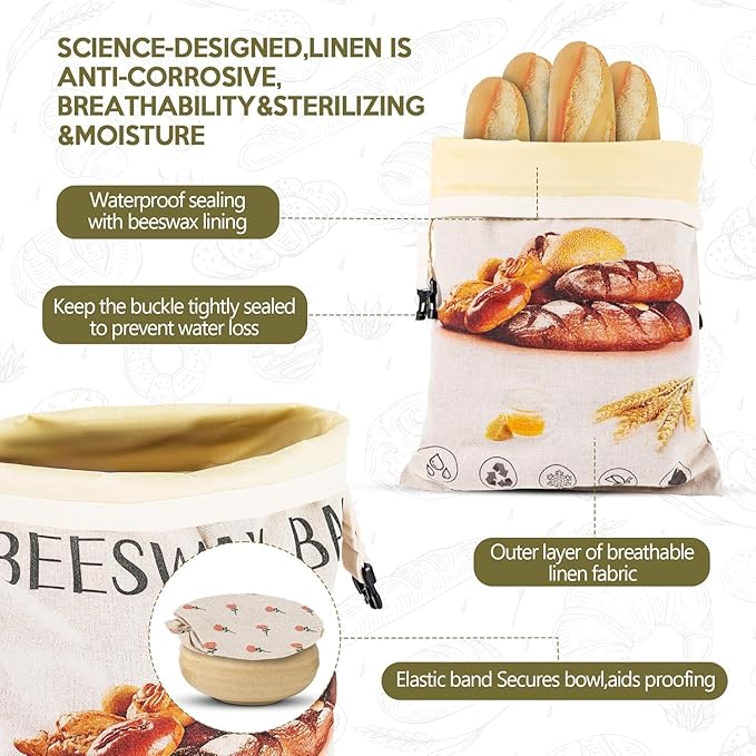 2 Pack Beeswax Bread Bag,17"×13"Reusable Organic Bread Bags for Homemade Bread Sourdough,Linen Outer Lining and Pure Cotton Beewax Inner Lining Moisture-proof &Fresh-Preserving With Buckle&Bowl Covers
