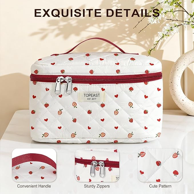 TOPEAST Christmas Gifts for Women Girls - 3Pcs Makeup Bag Large Cotton Travel Make Up Organizer, Quilted Toiletry Pouch Portable Cosmetic Bags with Compartment, Strawberry