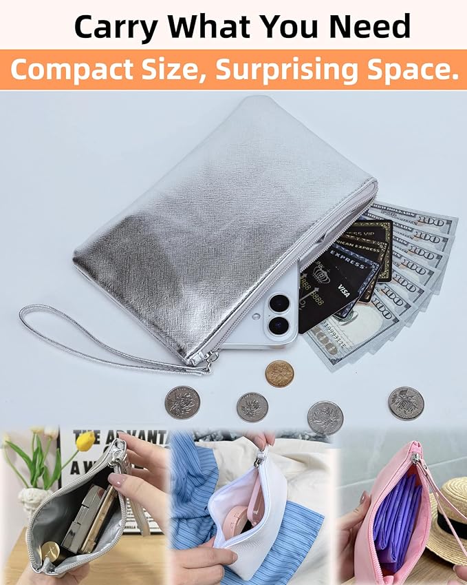 2 Pack Small Zipper Pouch Mini Makeup Bag for Purse Lipstick Cosmetic Travel Make Up Organizer for Women Essentials Feminine Products, Car Change Coin Holder 8x5 Phone Wristlet Wallet, Silver