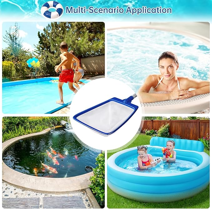 Pool Net, Professional Swimming Pool & Hot Tub Skimmer Net Accessories, Heavy Duty Pool Leaf Rake Cleaning Tool with Pole, Fine Nylon Mesh Bag Easy to Clean Bugs, Debris, Leaves (Blue&White