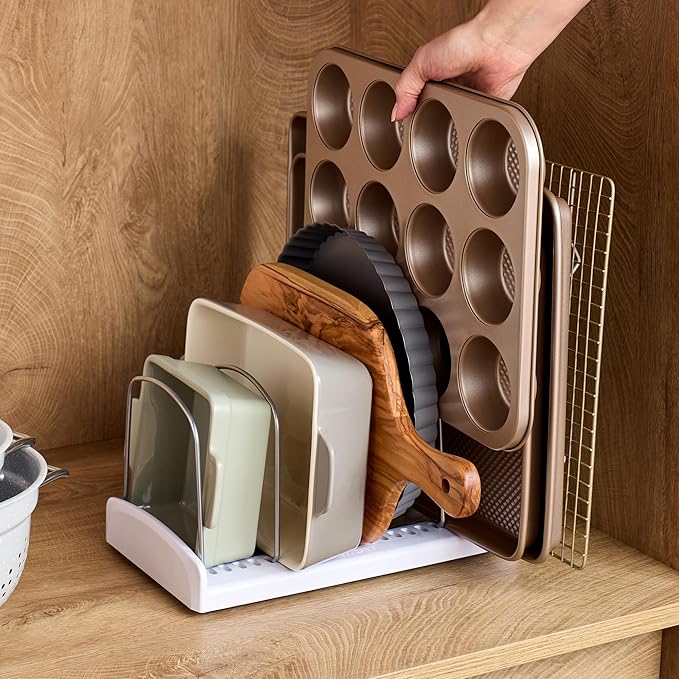 YouCopia StoreMore Adjustable Bakeware Rack with Steel Wires, Cookie Sheet Baking Pan and Tray Organizer for Kitchen Cabinet and Pantry Storage, Premium Edition