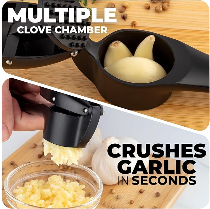 Zulay Kitchen Large Premium Garlic Press Set – Rust Proof & Dishwasher Safe, Bigger Bowl Garlic Mincer Tool with Silicone Garlic Peeler & Brush, Easy Squeeze & Clean, Ergonomic Handle - Black