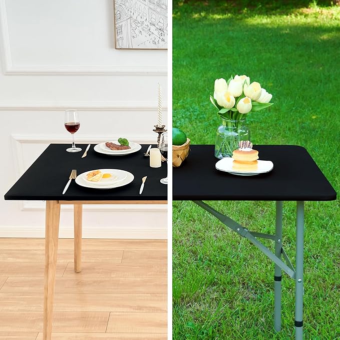 NEWISHER Fitted Rectangle Tablecloth 36 x 60 Inch Elastic Table Cloth Stretch Spandex Table Cover Black Washable Polyester Table Top Cap Cover for Dining Picnic Camping Indoor and Outdoor