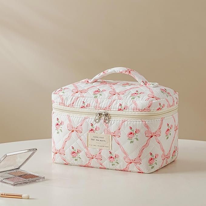 HBselect Quilted Makeup Bag, 3PCS Cotton Large Travel Makeup Bag, Cute Floral Coquette Make up Bag Cosmetic Bag Toiletry Bag for Women Girls