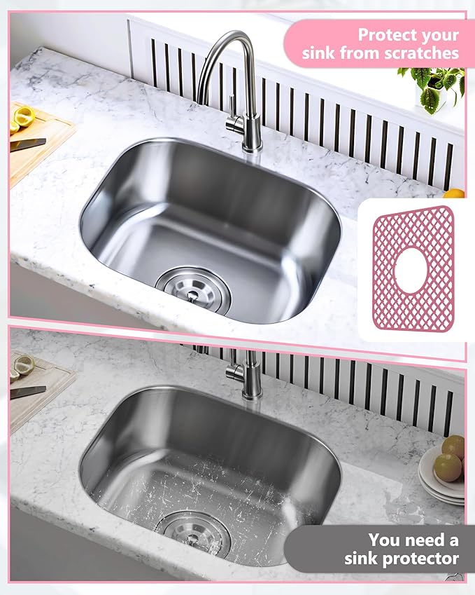 2 Pack Silicone Sink Protector for Kitchen Sink, Lozenge Pattern 13 x 11 inches Sink Grid Mat Silicone Protectors, Center Drain, Pink