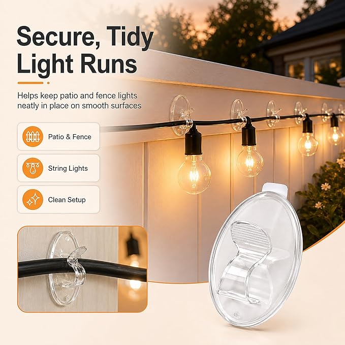 Hooks Lights Clips Outdoor String - 3X Stronger Adhesion 20Pcs Clear Heavy Duty Hangers Waterproof Adhesive - Sticky Removable 0 Residue No Drill Indoor Garage - for Patio Fence Gutters Wall Christmas