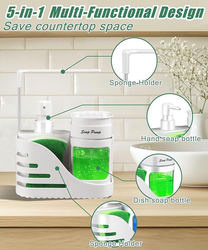 Kitchen Soap Dispenser Set, 4-in-1 Dual Hand and Dish Soap Dispenser with Sponge Holder and Dishcloth Holder for Kitchen Sink (White)