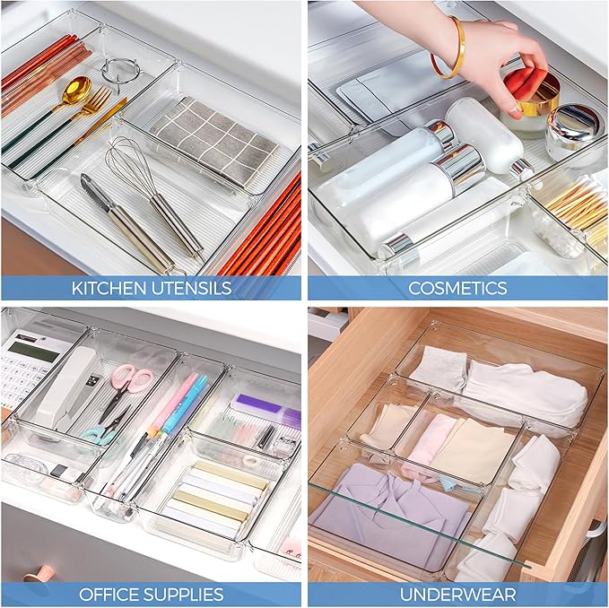 Ravinte 6 Pack Drawer Organizer - 6" X 6" Plastic Storage Bins, Acrylic Organizers with Non-Slip Pads Clear Desk Storage Tray for Makeup, Jewelry, Kitchen Utensils, Bathroom and Office