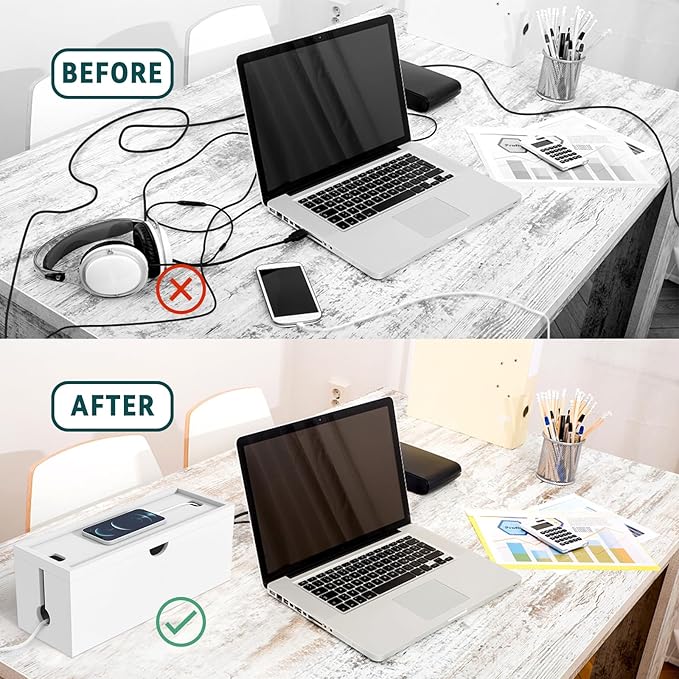 Bamboo Cable Management Box, Large Cord Organizer Box Cable Box to Hide Wires & Power Strips for Desktop Storage Cord Holder for Office Home, No Assembly Required (All White, Large)