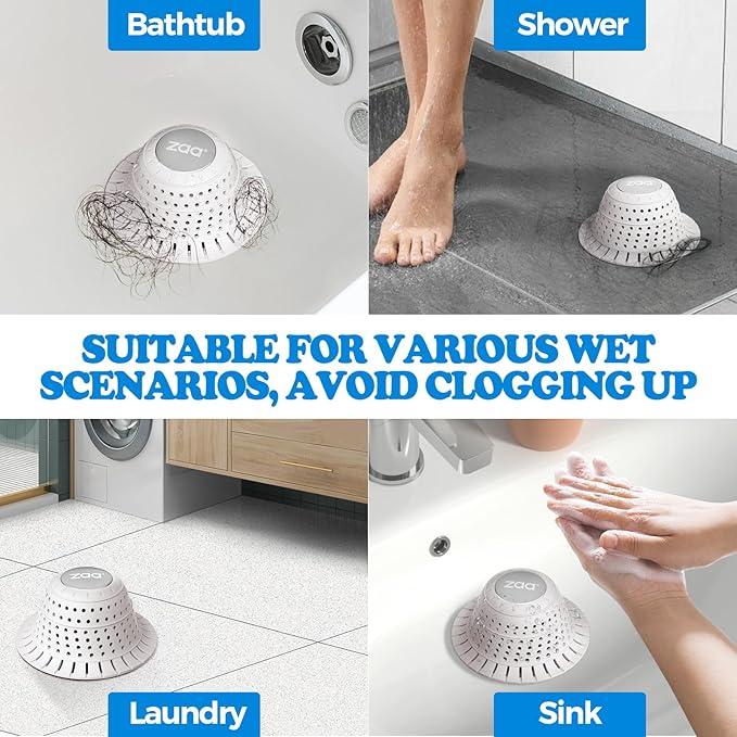 zaa Bathtub Drain Hair Catcher, Premium Silicone Shower Hair Catcher, 1Pack Hair Stopper for Pop Up & Regular Drains of Shower, Bathtub, Bathroom Sink, Bathroom Fixture Accessories, White