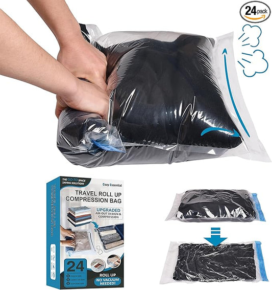 Compression Bags for Travel - Travel Essentials - 24 Pack Space Saver Bags - No Vacuum Needed - Compression Packing Bags for Cruise Accessories