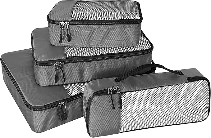 4-Piece Packing Cubes Travel Accessories Set for Suitcases - Luggage Organizer Bags with Double Zipper - Mesh Top - Small/Medium/Large/Slim - Dark Grey