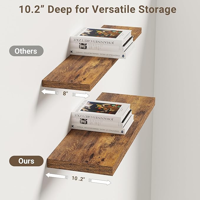 Vivelove 10 Inch Deep Floating Shelves 24 Inch Long, 24 x 10 Wide Wall Shelves with Invisible Brackets, for Bedroom Bathroom Living Room Kitchen Office, Farmhouse Home Decor, Set of 2, Rustic Brown