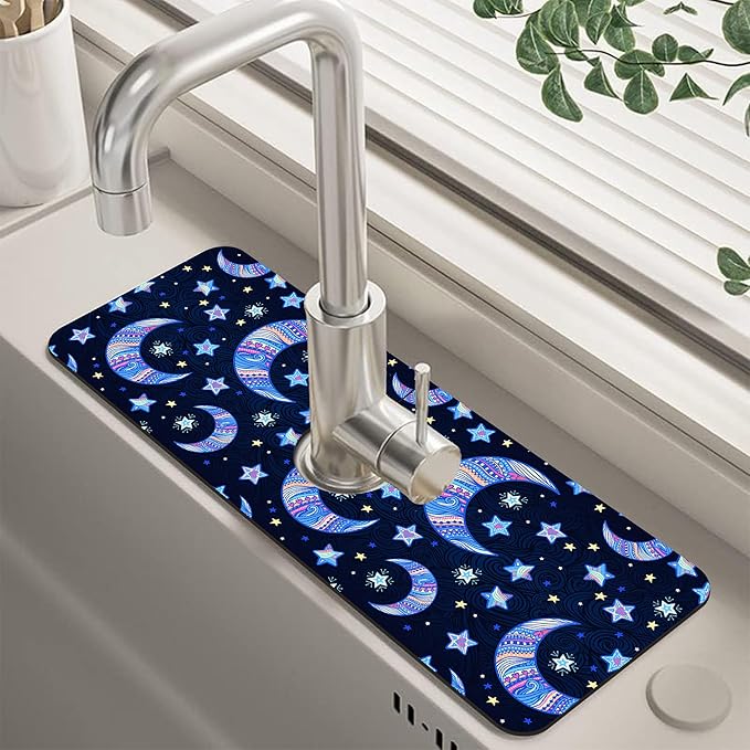 Kitchen Sink Splash Guard Faucet Mat Super Absorbent Fast Drying Mat Guard Behind Faucet Drip Catcher for Kitchen Bathroom (Blue Stars Crescent Moon, 15.5"X5.5")