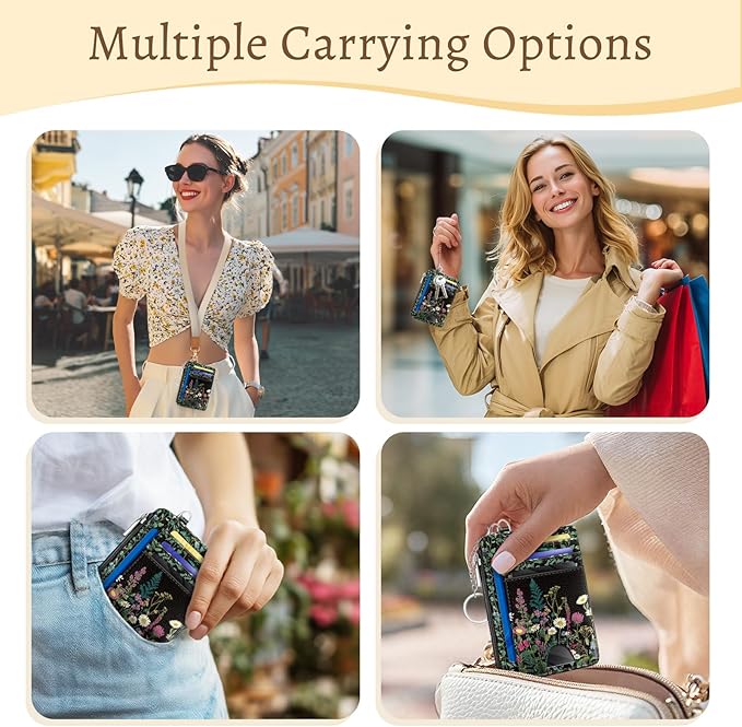 Wildflower Credit Card Holder Small Wallet Women, Flowers Slim RFID Blocking Wallet Woman Keychain with Zipper Coin Pocket, Front Pocket Thin Travel Card Case with ID Window for Ladies Gifts