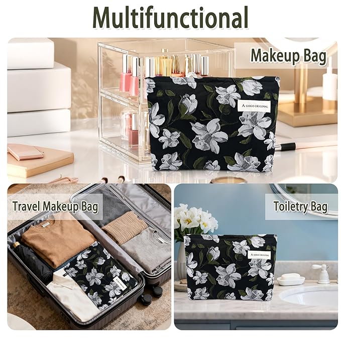 ZLFSRQ Floral Makeup Bag for Women Cute Cosmetic Bag Large Embroidery Travel Toiletry Bags Vintage Brocade Zipper Makeup Pouch for Purse Gift Portable Canvas Toiletry Bags Aesthetic Skincare Organizer