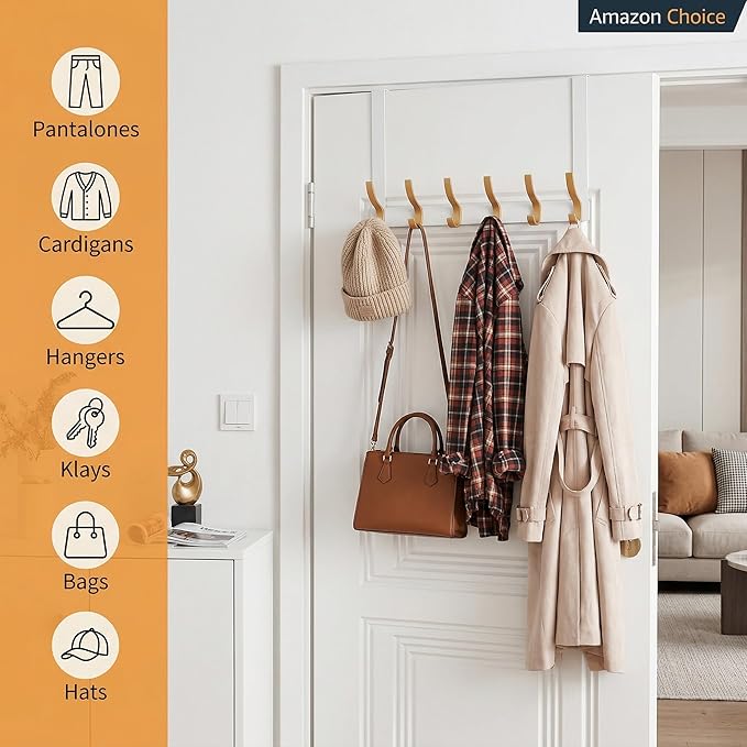 Large Over The Door Hooks, Sturdy Door Hanger with 12 Hooks, Door Towel Rack for Bathroom, Bedroom, Kitchen, Coat Rack for Hanging, Easy to Install (White Gold)