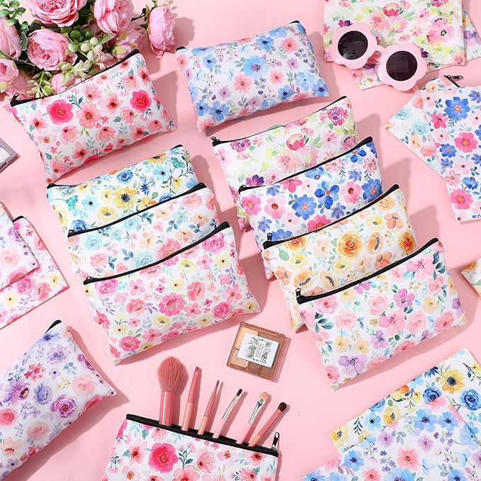 Reginary 20 Pieces Watercolor Flowers Cosmetic Bag Bulk for Women Floral Cosmetic Bag Gifts Roomy Flowers Makeup Bags with Zipper Toiletry Bags Pouch Travel Accessory Organizer Gifts, 7 x 4.3 Inches