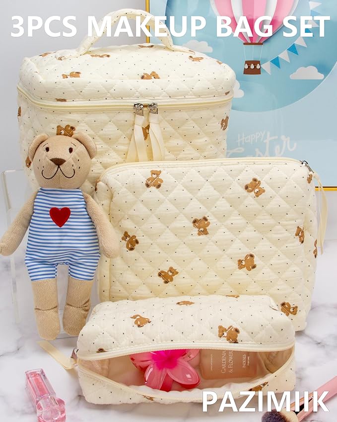 PAZIMIIK 3PCS Makeup Bag SET Large Travel Quilted Zipper Soft Cosmetic Case Pouch for Women Girls Make Up, Gauze Bear