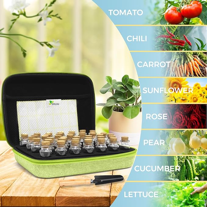【40 Slots】 Seed Storage Organizer, Sturdy Organizer Box with Dual Zipper Bag and 42Pcs Label Stickers, Glass Seed Storage Container for Flower Vegetable Plants Garden Seeds Saving, Green