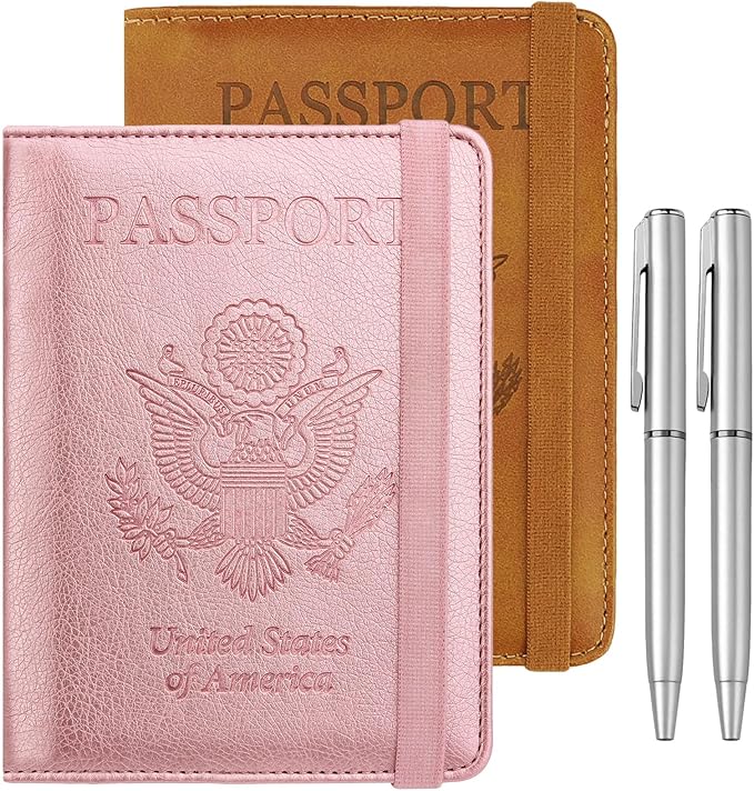 WALNEW Passport Holder for Travel, RFID Passport Cover Wallet for Women Men, PU Leather Passport Book Card Holder Case with Pen, Travelling Essentials for Flying