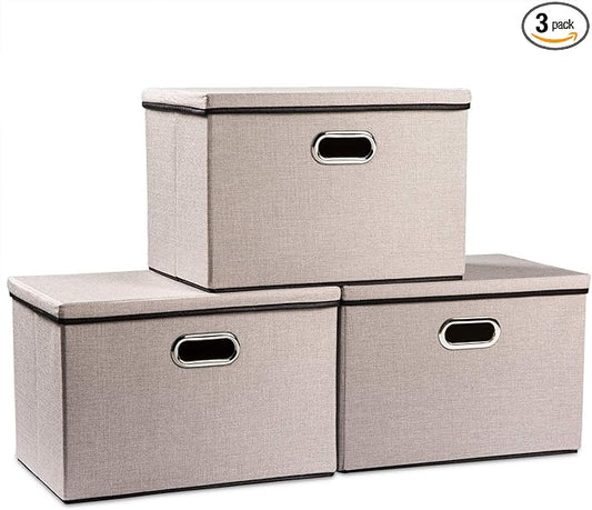 PRANDOM Large Foldable Storage Bins with Lids [3-Pack] Linen Fabric Decorative Storage Boxes Organizer Containers Baskets Cube with Handles Divider for Bedroom Closet Office Light Grey (17.7x11.8x11.8)